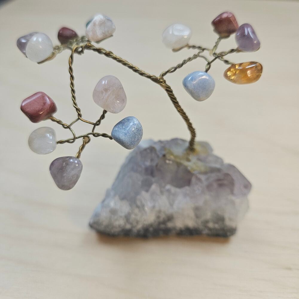 Vintage Handmade Twisted Wire Tree Sculpture with Crystal Base Mixed Gem Stones